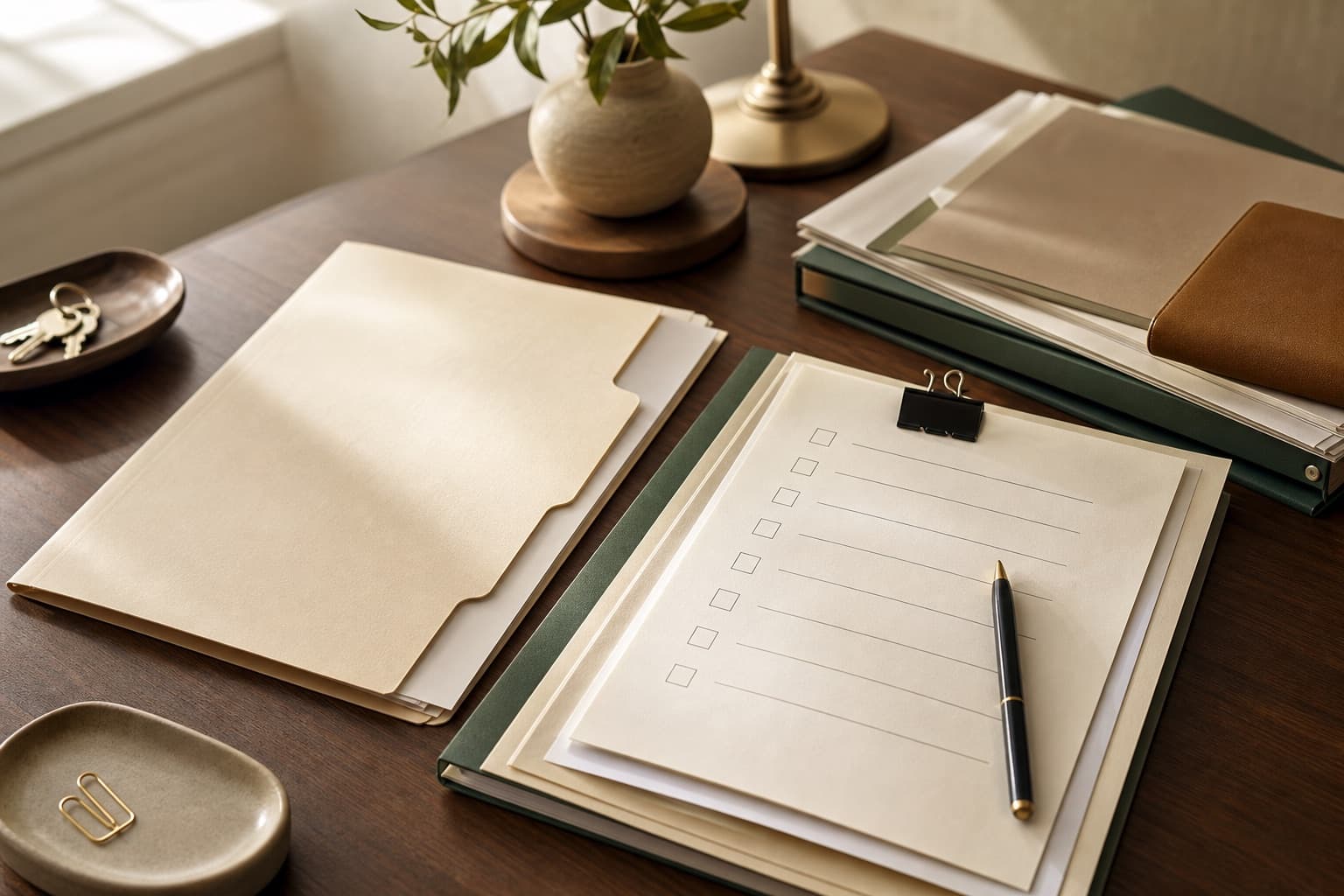 A broker file and checklist on a tidy office desk.