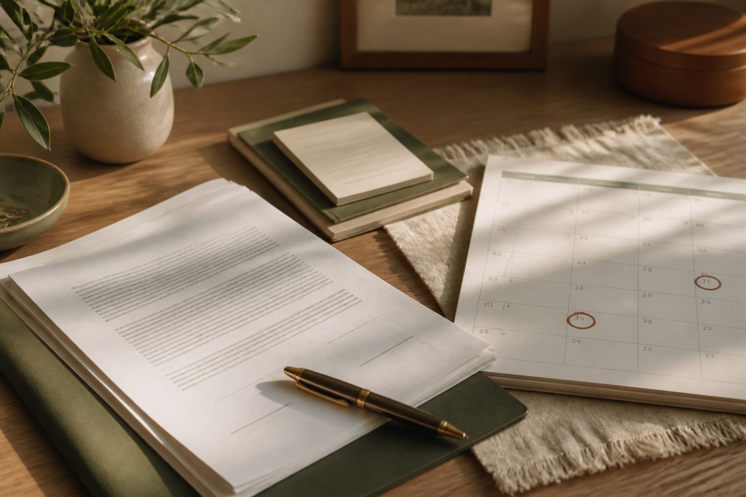 A contract and calendar on a warm sunlit desk.