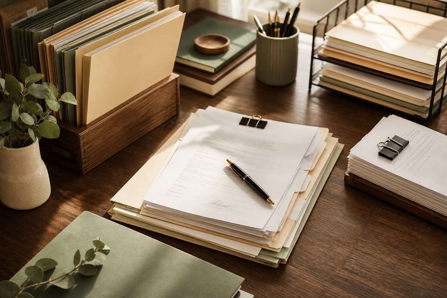 Organized real estate folders with signed paperwork.
