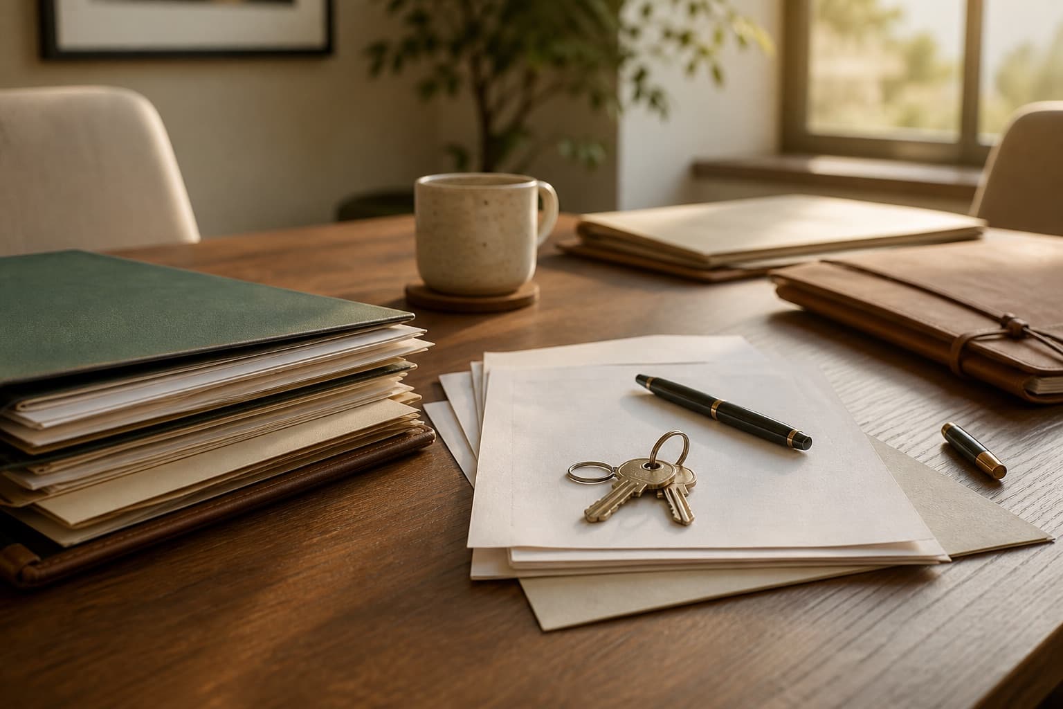 A quiet closing table with paperwork, pens, and house keys.